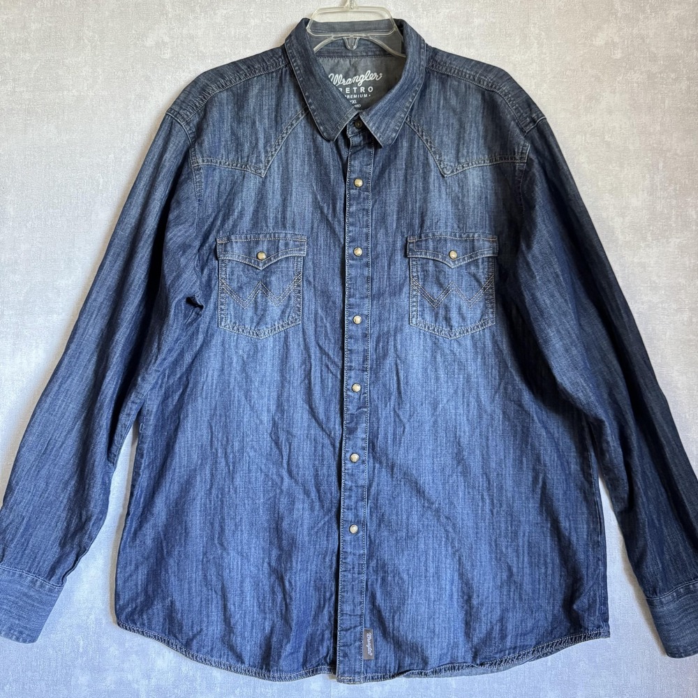 Wrangler Retro Shirt Mens 2XL Blue Denim Western Pearl Snap Long Sleeve MVR458D